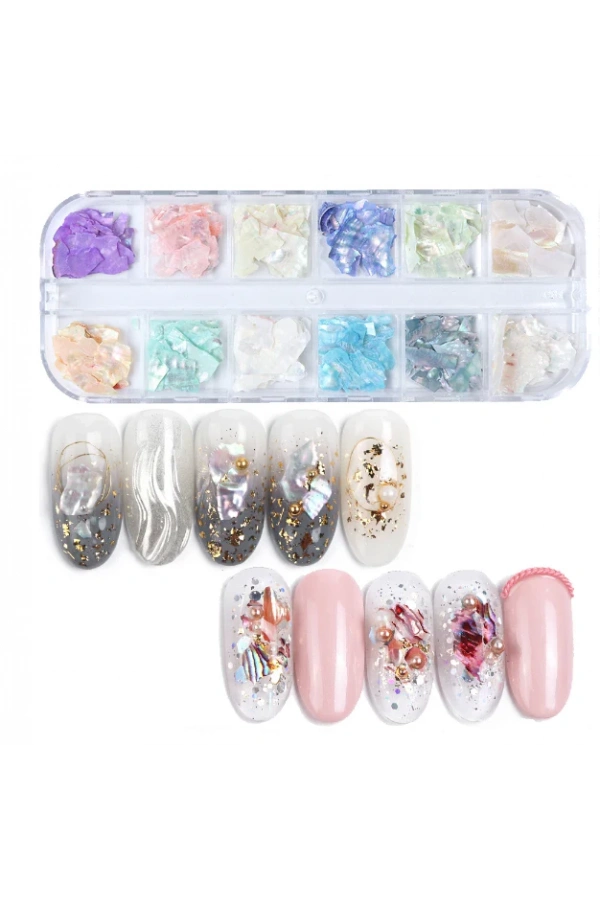 12 Renk Sedefli Deniz Kabuğu Nail Art Süsleme Seti