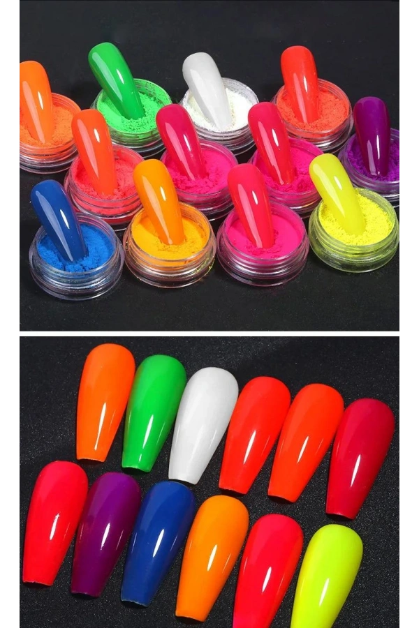 Neon Tırnak Süsleme Tozu Seti – 12 Renk (Aplikatörlü)