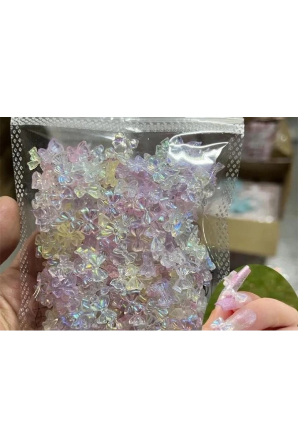 Hologramlı Şeffaf Karışık Renklerde Fiyonk Nail Art Charm - 20 Adet
