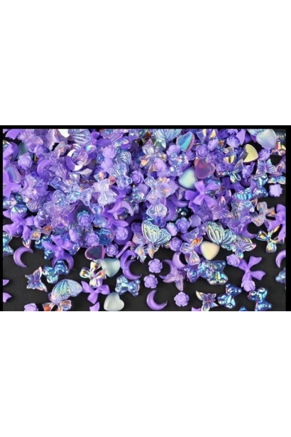 Mor Hologramlı Nail Art Charm Karışık Figürler - 20 Adet
