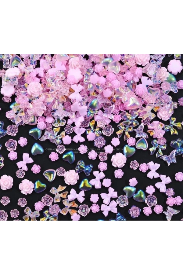 Pembe Hologramlı Nail Art Charm Karışık Figürler - 20 Adet