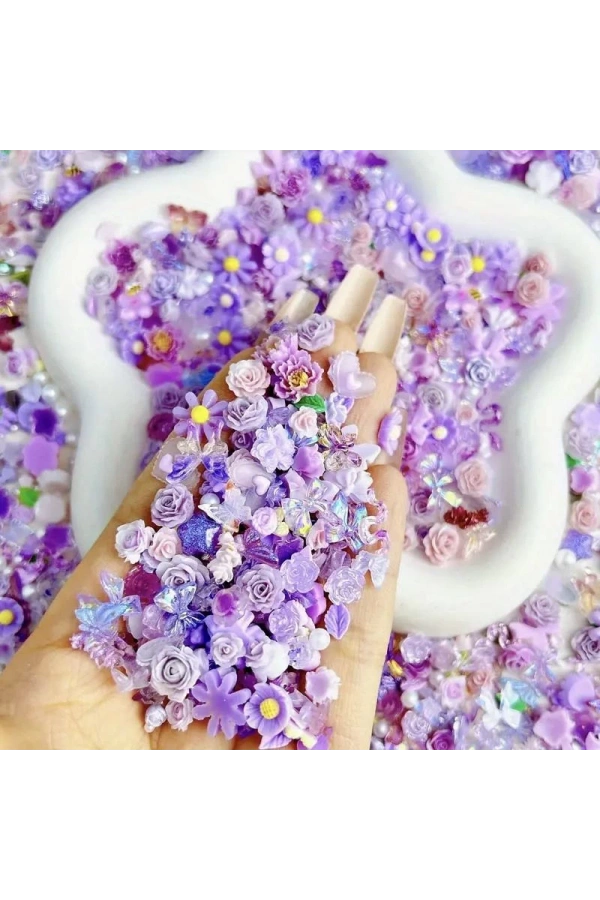 Mor ve Yeşil Karışık Figürlü Nail Art Süsü - 20 Adet