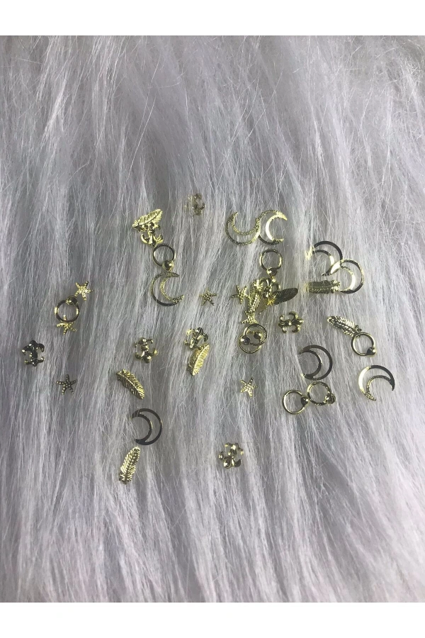 Altın Renk Nail Art Metal Tırnak Süsleri – Ay, Yıldız, Karışık Figürler 40 Adet
