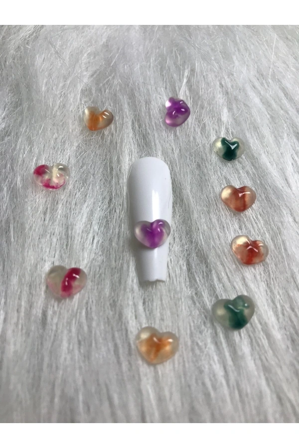 Renkli 3D Fosforlu Kalp Charm Tırnak Süsleri – 10 Adet