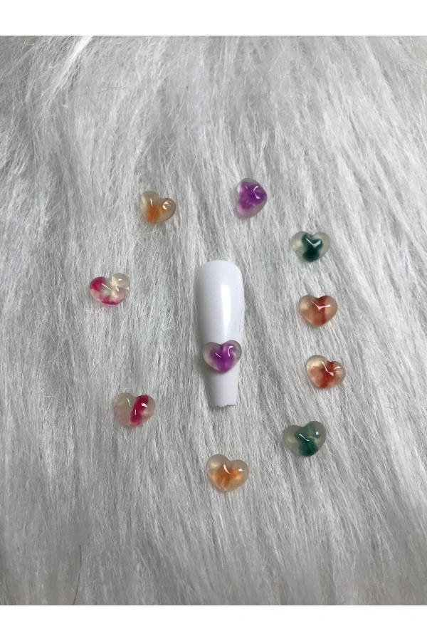 Renkli 3D Fosforlu Kalp Charm Tırnak Süsleri – 10 Adet
