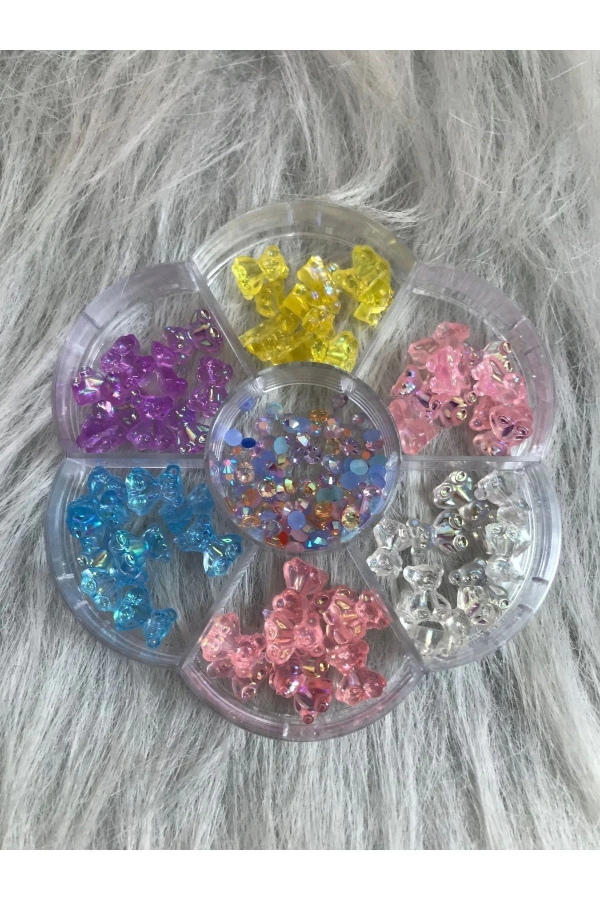 Renkli Ayıcık Charm ve Düz Tabanlı Elmas Taş Nail Art Seti
