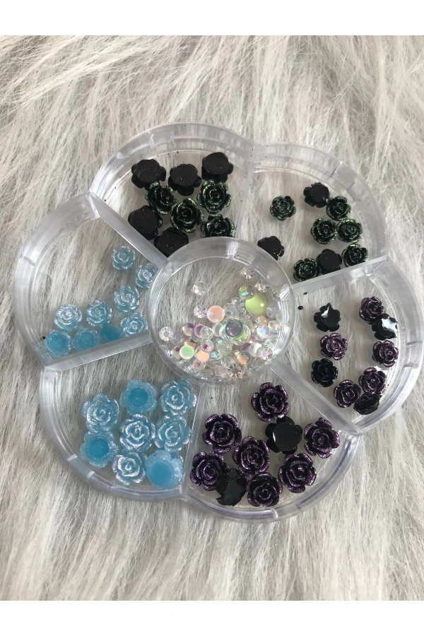 Renkli Gül Figürlü Nail Art ve Taş Seti