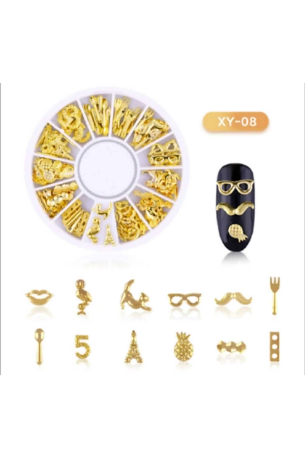 Altın Metal Figürlü Nail Art Süsleri - 12 Farklı Model