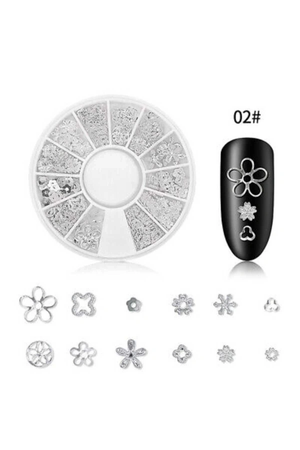 Gümüş Metal Çiçek Nail Art Süsleri - 12 Farklı Model