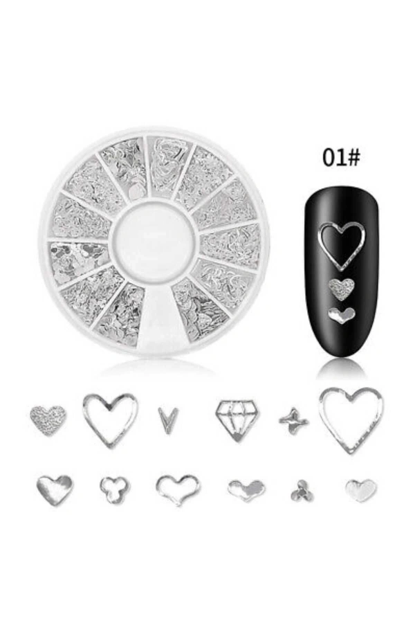 Gümüş Metal Kalp Nail Art Süsleri - 12 Farklı Model
