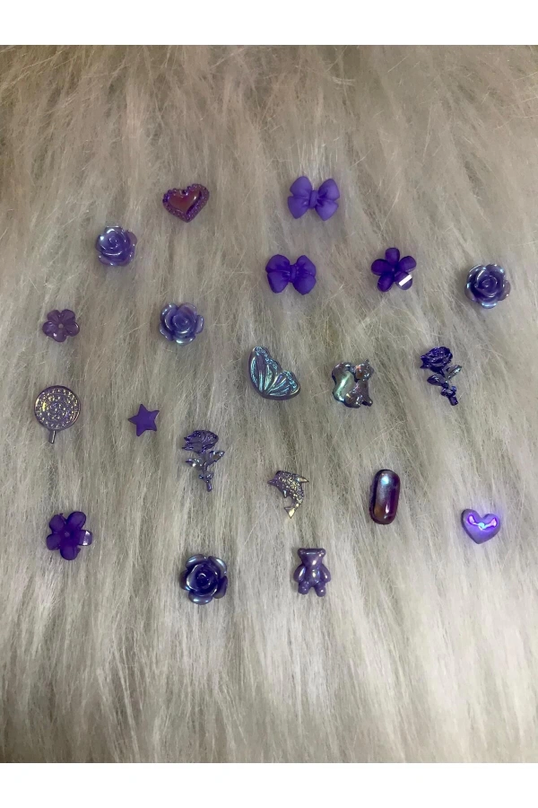 Mor Hologramlı Nail Art Charm Karışık Figürler - 20 Adet
