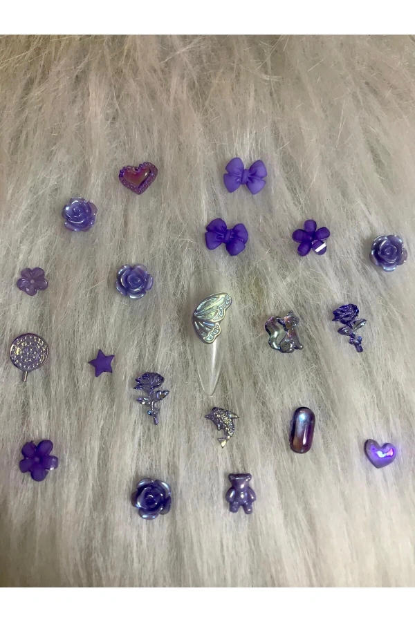 Mor Hologramlı Nail Art Charm Karışık Figürler - 20 Adet