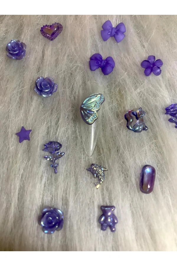 Mor Hologramlı Nail Art Charm Karışık Figürler - 20 Adet