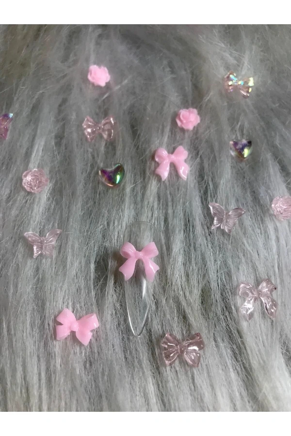 Pembe Hologramlı Nail Art Charm Karışık Figürler - 20 Adet