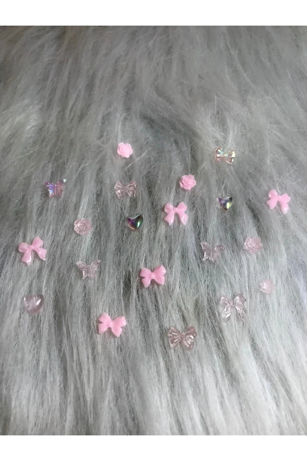 Pembe Hologramlı Nail Art Charm Karışık Figürler - 20 Adet