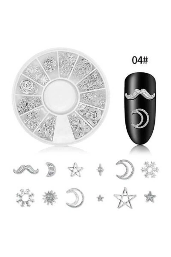 Gümüş Ay Yıldız ve Güneş Nail Art Charm Seti