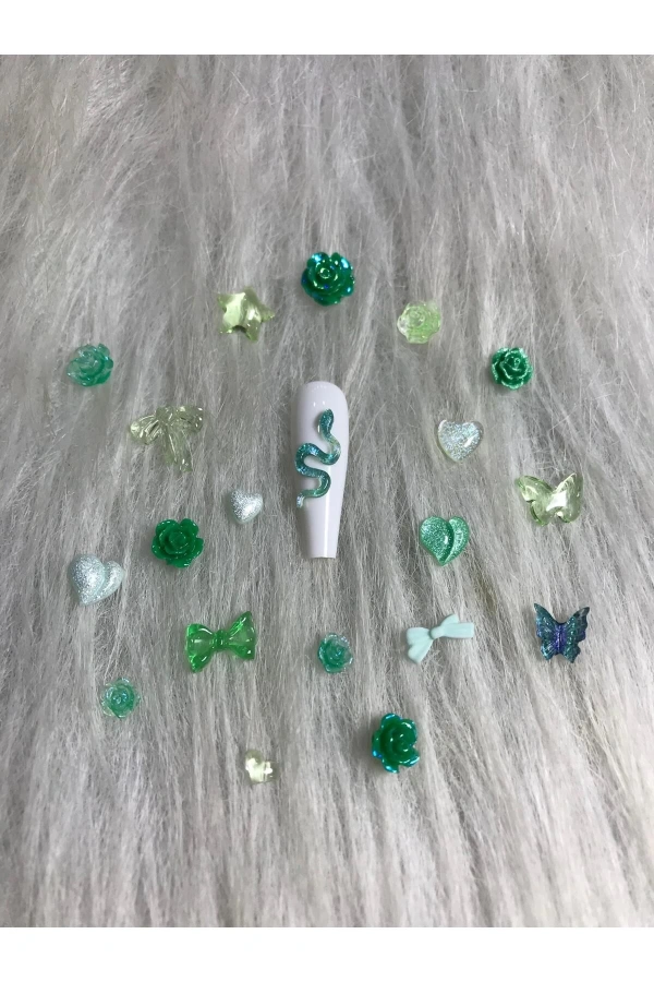 Yeşil Karışık Figürlü Nail Art Süsü - 20 Adet