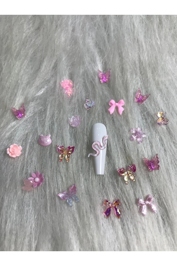 Pembe Karışık Figürlü Nail Art Süsü - 20 Adet