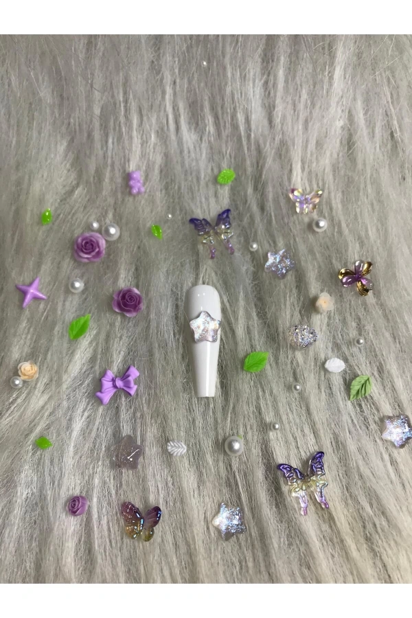 Mor ve Yeşil Karışık Figürlü Nail Art Süsü - 20 Adet