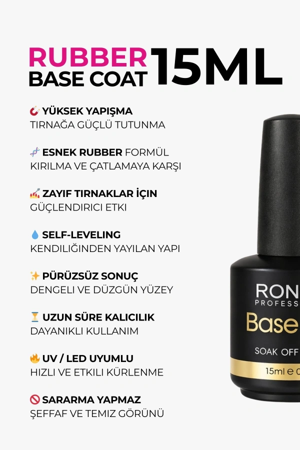 Roniki Professional Rubber Base Coat 15 ML – Kauçuk Esaslı Güçlü Tırnak Bazı