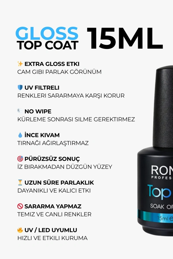 Roniki Professional Gloss Top Coat 15 ML – Extra Parlak Koruyucu Üst Kat
