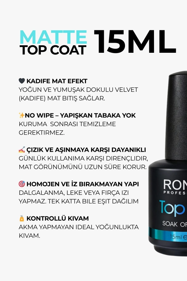 Roniki Matte Mat Top Coat 15 ML – Kadife Etkili Üst Kat (MX520)