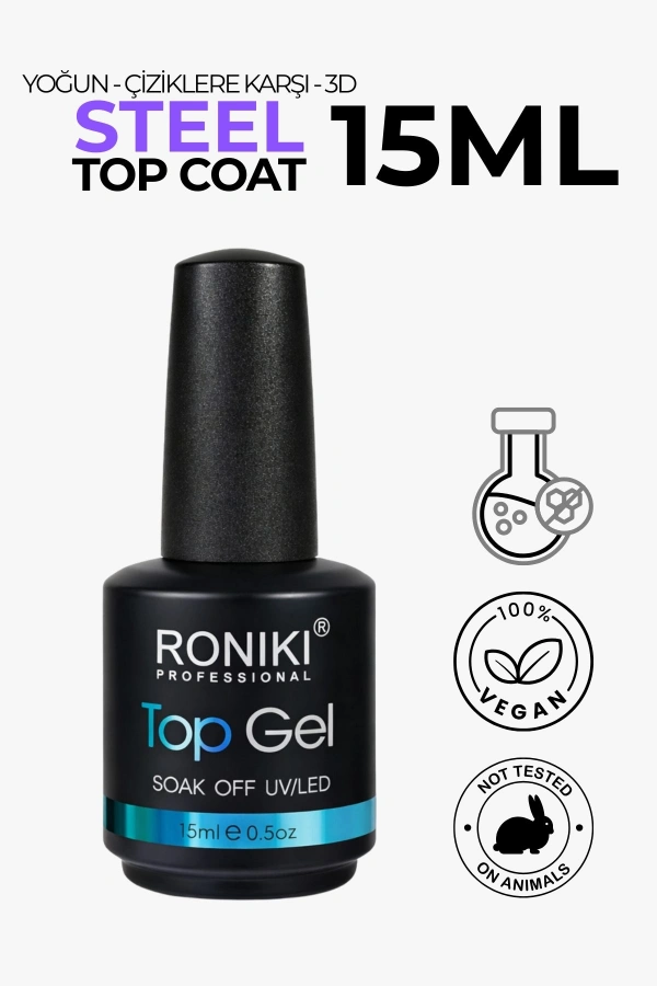 Roniki Professional 3D Steel Top Coat 15 ML – Yoğun Kıvamlı No Wipe Üst Kat