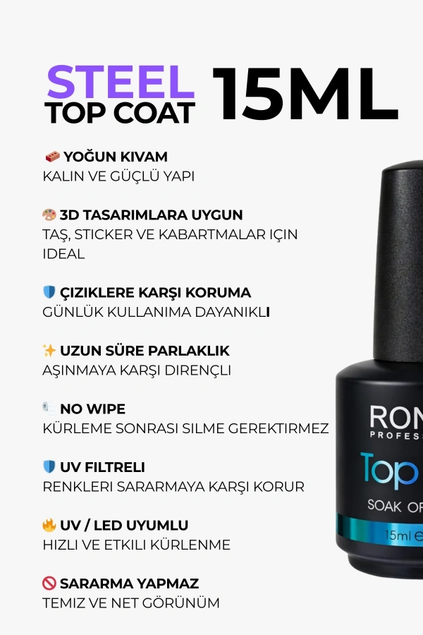 Roniki Professional 3D Steel Top Coat 15 ML – Yoğun Kıvamlı No Wipe Üst Kat