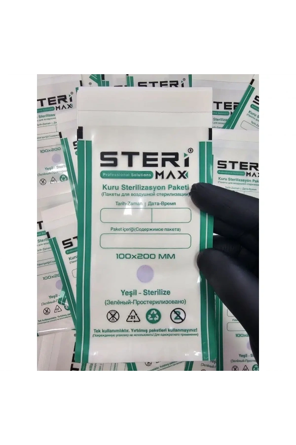 Şeffaf Sterilizasyon Zarfı – İndikatörlü Sterilizasyon Kraft Paketi 100x200 mm (100 Adet)