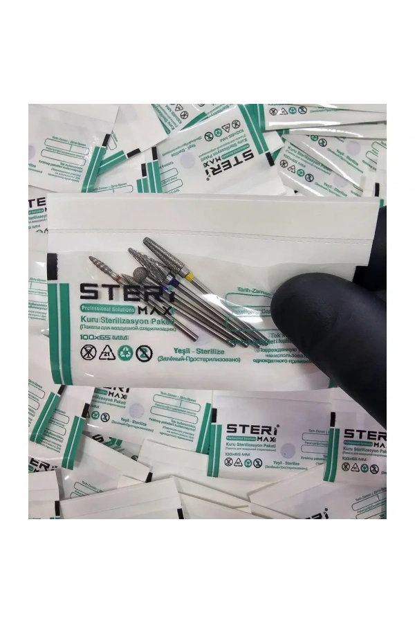 Freze Uç Sterilizasyon Zarfı Şeffaf – Mini Boy İndikatörlü Sterilizasyon Kraft Paketi 100x75 mm (100 Adet)