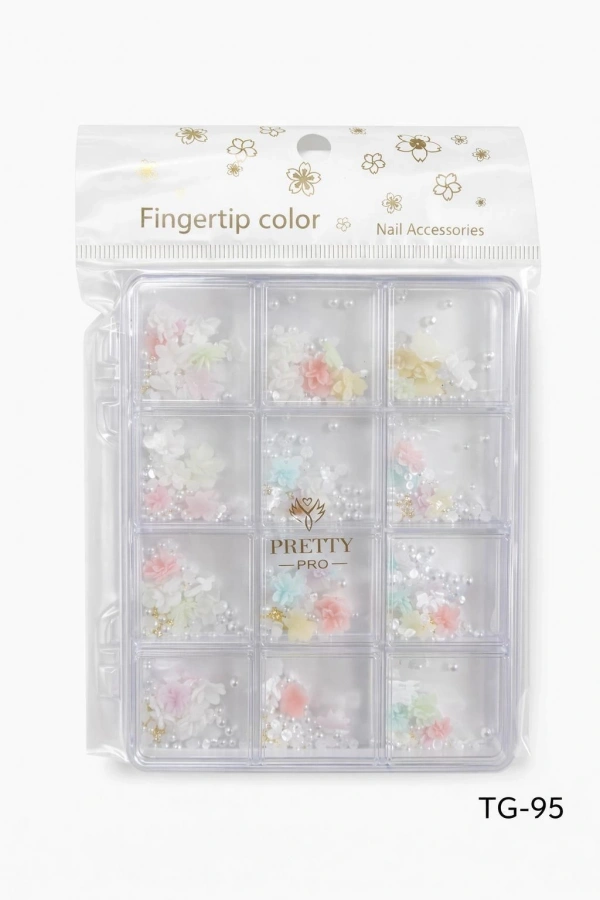 12 Bölmeli Çiçek Tırnak Charm Seti – İnci Detaylı Nail Art Süsleme Kutusu