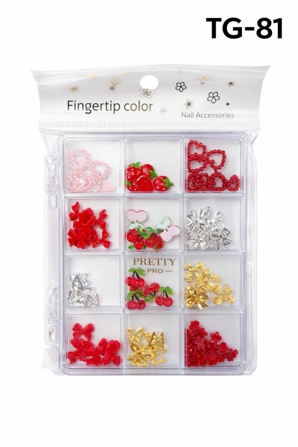 12 Bölmeli Kırmızı Figürlü Tırnak Charm Seti – Nail Art Süsleme Taşları