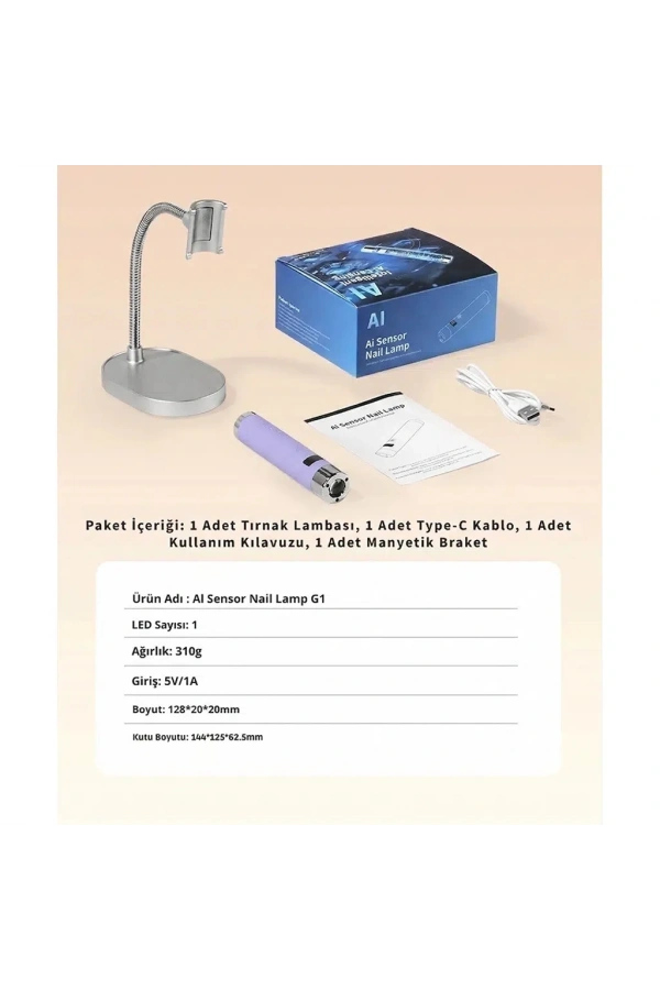 G1 Sensörlü Mini AI UV/LED Tırnak Lambası 5W – Şarjlı Type-C, Manyetik Standlı (Lila)