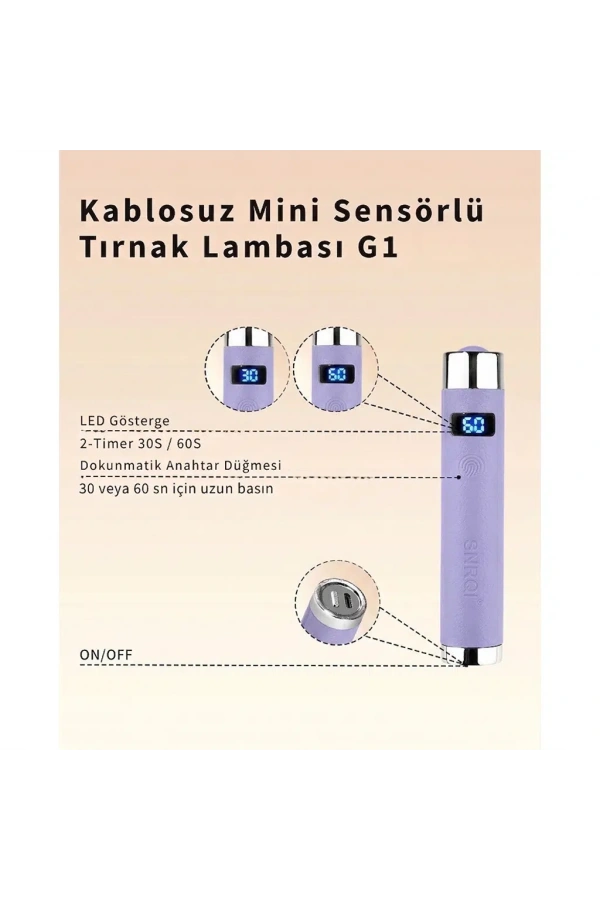 G1 Sensörlü Mini AI UV/LED Tırnak Lambası 5W – Şarjlı Type-C, Manyetik Standlı (Lila)