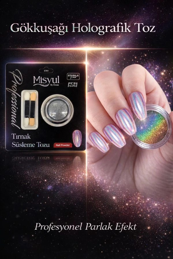 Gökkuşağı Holografik Tırnak Süsleme Tozu Seti (Aplikatörlü)