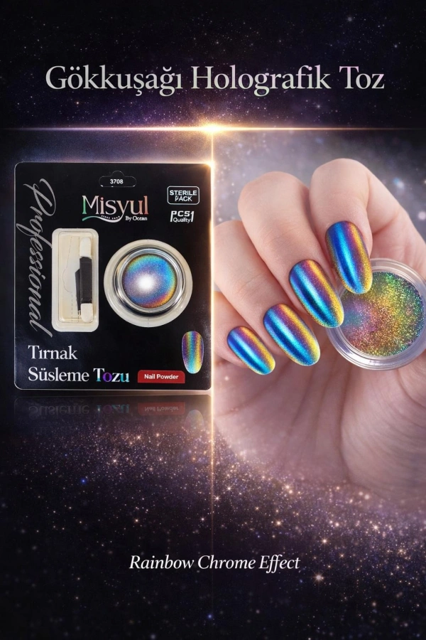 Gökkuşağı Holografik Tırnak Süsleme Tozu (Chrome Effect – Aplikatörlü)