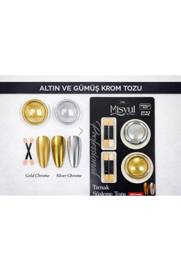 Altın ve Gümüş Krom Tırnak Süsleme Tozu Seti (Aplikatörlü)