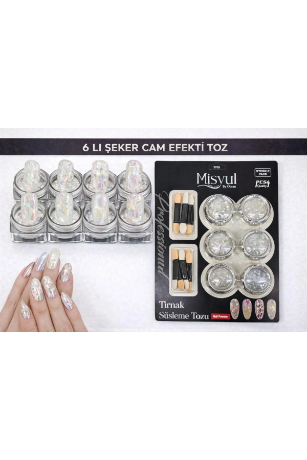 6’lı Şeker Cam Efekti Tırnak Süsleme Tozu Seti (Aplikatörlü)
