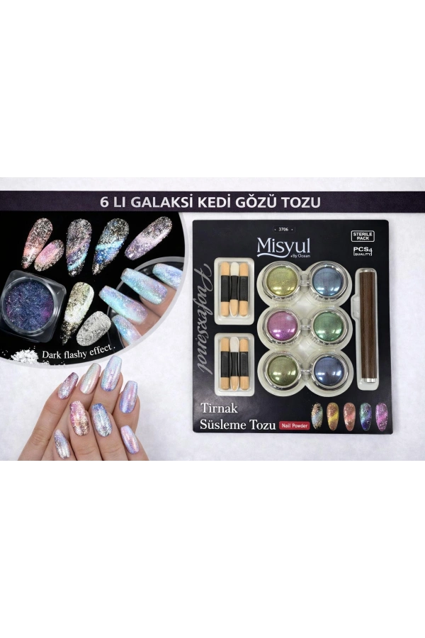 6’lı Galaksi Kedi Gözü Tırnak Süsleme Tozu Seti (Mıknatıslı – Aplikatörlü)