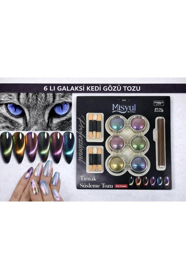 6’lı Galaksi Kedi Gözü Tırnak Süsleme Tozu Seti (Manyetik Efekt – Aplikatörlü)