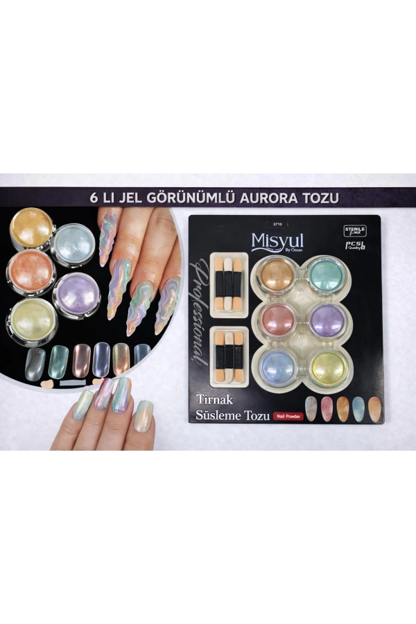 6’lı Jel Görünümlü Aurora Tırnak Süsleme Tozu Seti (Aplikatörlü)