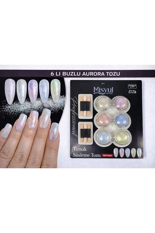 6’lı Buzlu Aurora Tırnak Süsleme Tozu Seti (Aplikatörlü)