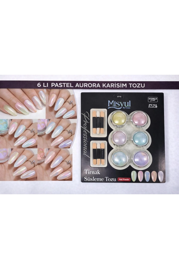 6’lı Pastel Aurora Karışım Tırnak Süsleme Tozu Seti (Aplikatörlü)