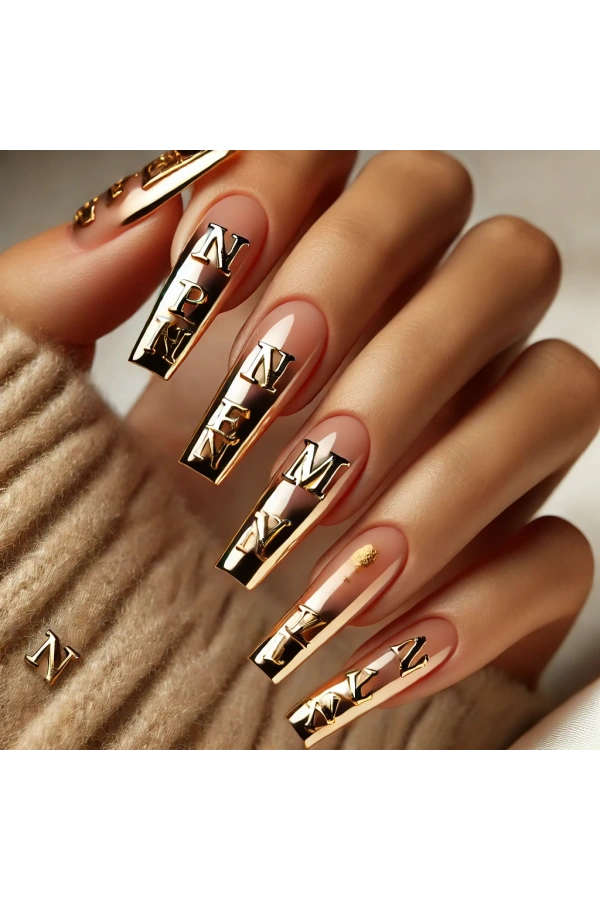 Soluk Altın Metalik Harf Nail Art Süsleri – Şık ve Kişiselleştirilebilir