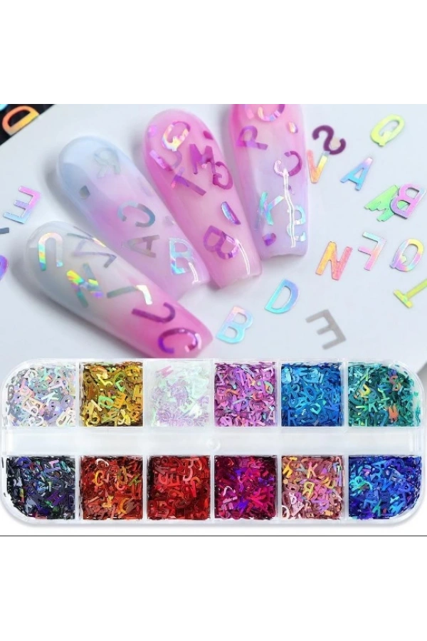 Holografik Harf Şekilli Tırnak Süsleme Seti (12 Renk)
