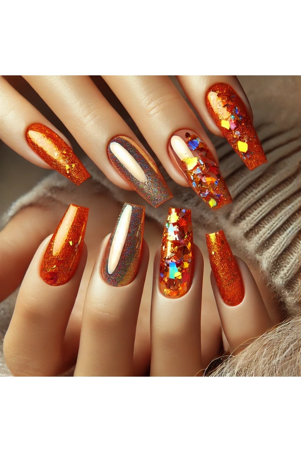 Turuncu Holografik Kırılmış Folyo Nail Art Süsleri – Parlak ve Işıltılı
