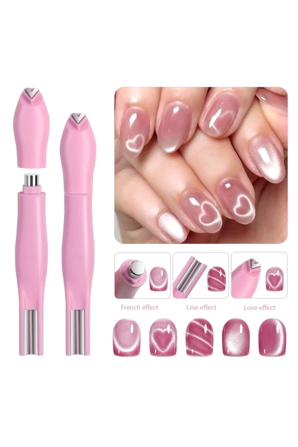 3’lü Kedi Gözü Mıknatıs Kalem – Kalp ve Çizgi Efekt Cat Eye Magnet (Pembe)
