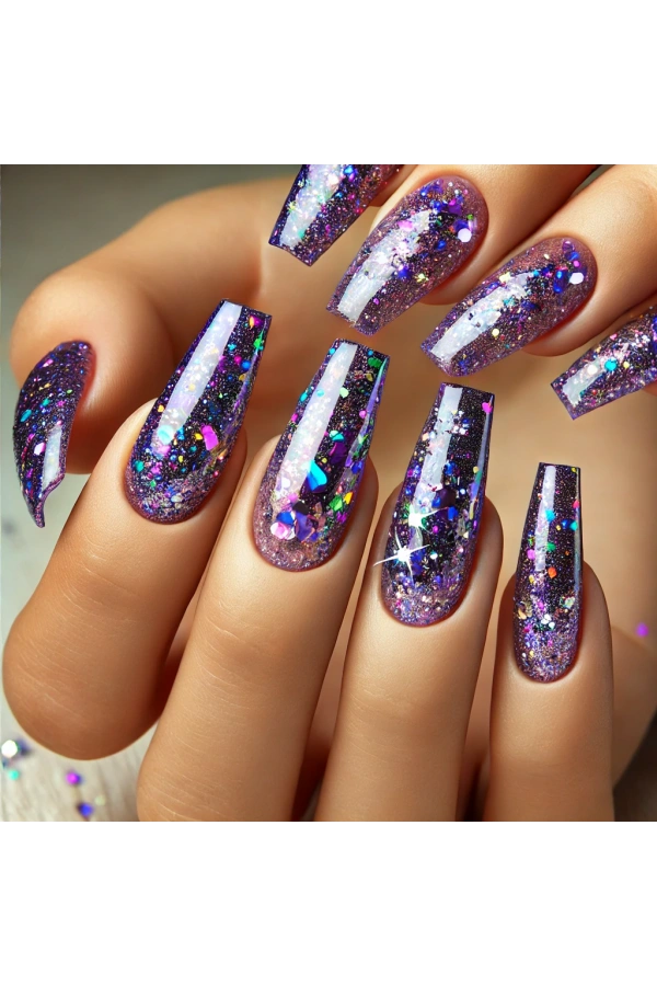Mor Holografik Chunky Glitter Nail Art Süsleri – Parlak ve Işıltılı