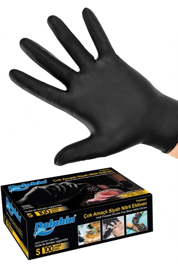 Siyah Nitril Eldiven – Pudrasız, S Beden (100’lü Kutu)
