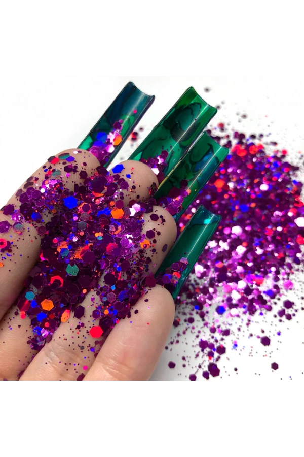 Mor Holografik Nail Art Süsleri – Parlak ve Işıltılı